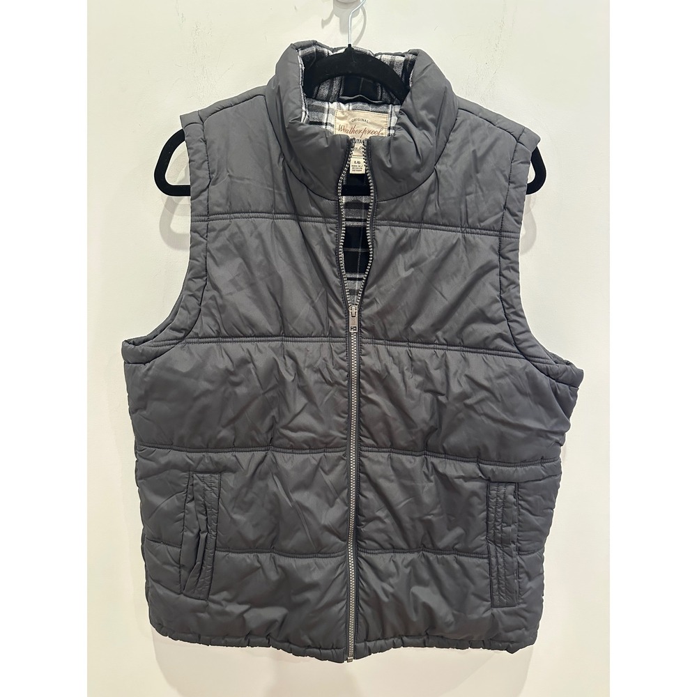 Weatherproof Vintage Mens Puffer Vest Gray Plaid Lined Full Zip Quilted Large